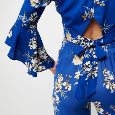 Blue floral print wrap crop top